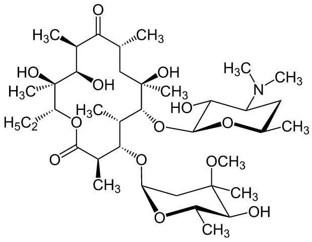 红霉素的结构式,右上角为 大环内酯物环内酯(环酯)