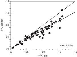Figure 1: Correlation of δ13C between gap and canopy samples for 76 tropical soils used in this study.