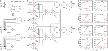 Figure 2: A linear threshold circuit that computes the three-bit XOR function.